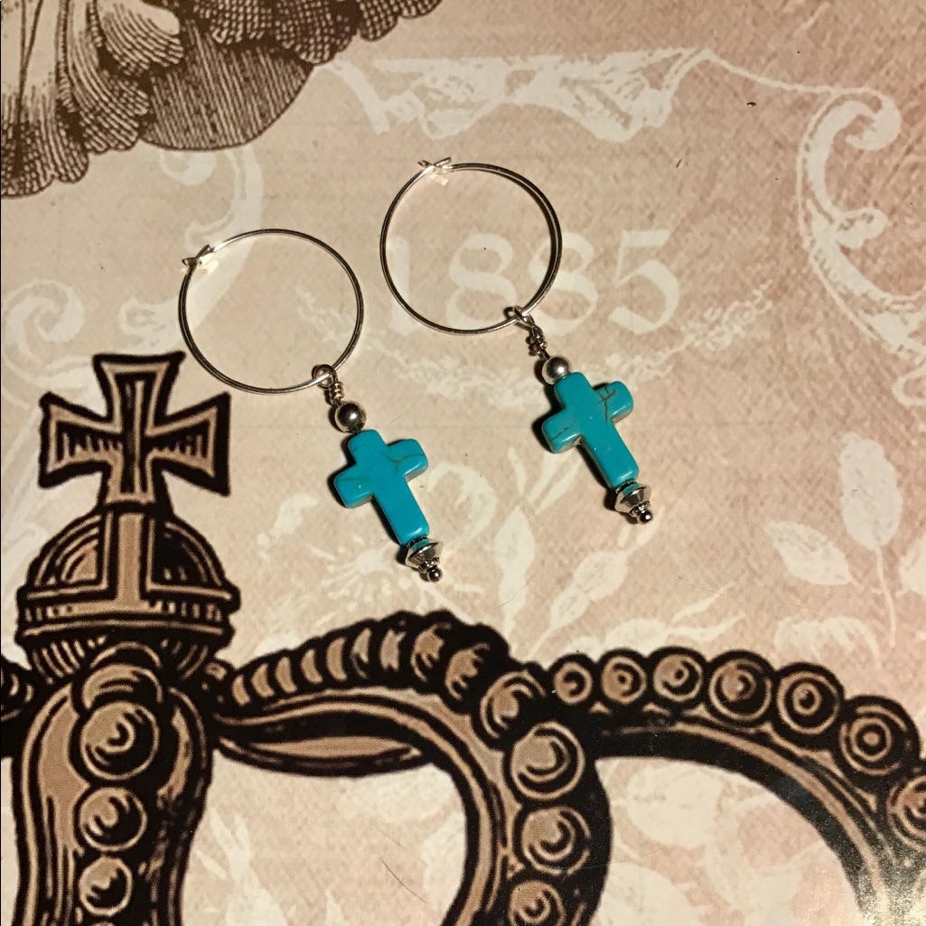 Turquoise Silver Cross Hoop Earrings